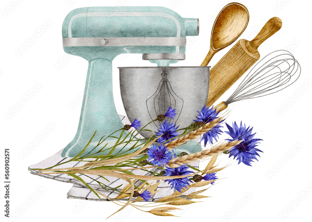 Watercolor mixer for cooking with a composition of flowers and kitchen