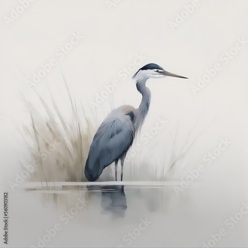 Canvas Print great blue heron standing in the fog