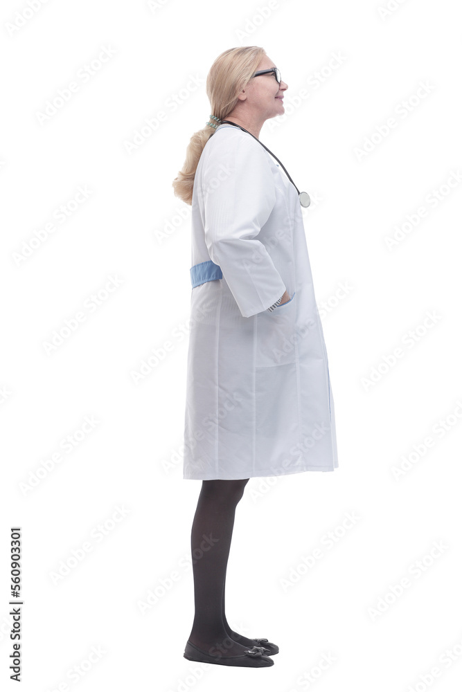 side view. friendly female doctor looking forward side view. friendly female doctor looking forward