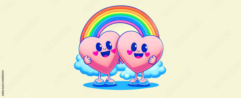 Couple in love concept, two cute hearts hugging with rainbow vintage isolate background. Valentine's Day Concept.Illustration ’60s and ’70s, flat retro designs. Couple in love concept, two cute hearts hugging with rainbow vintage isolate background. Valentine's Day Concept.Illustration ’60s and ’70s, flat retro designs.