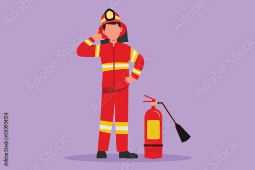 Cartoon flat style drawing firefighters standing with fire extinguisher wearing helmet and uniform with call me gesture. Working to extinguish fire in burn building. Graphic design vector illustration