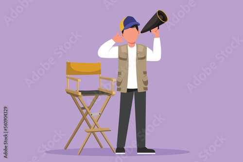 Character flat drawing male film director stands and holding megaphone with call me gesture while prepare camera crew for shooting comedy series. Creative industry. Cartoon design vector illustration