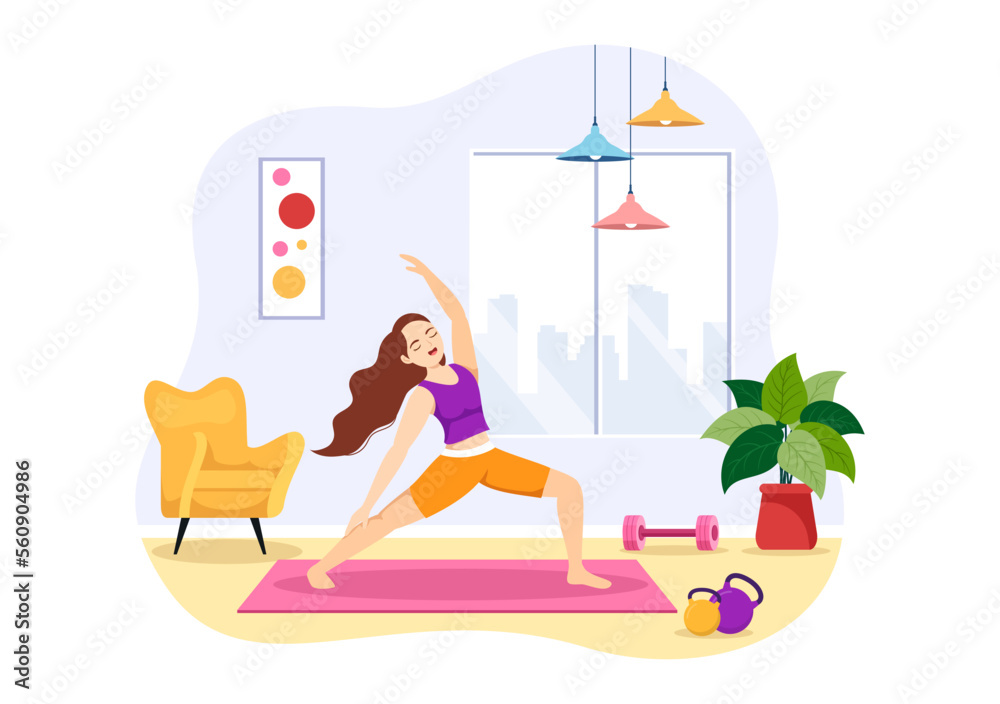Obraz premium Yoga and Meditation Practices Illustration with Health Benefits of the Body for Web Banner or Landing Page in Flat Cartoon Hand Drawn Templates