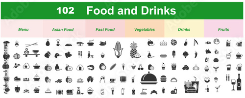 Food and drink -  Restaurant menu icons. Vector illustration. line icon set with editable stroke. Outline collection of 102 symbols.