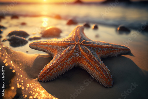A starfish on a beach with the sun setting in the background  Generative AI
