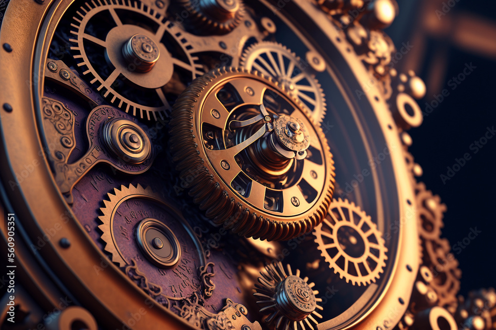 A close up of a clock with gears, Generative AI