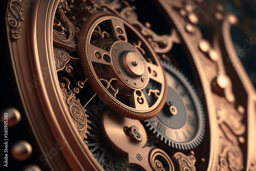 A close up of a clock with gears, Generative AI