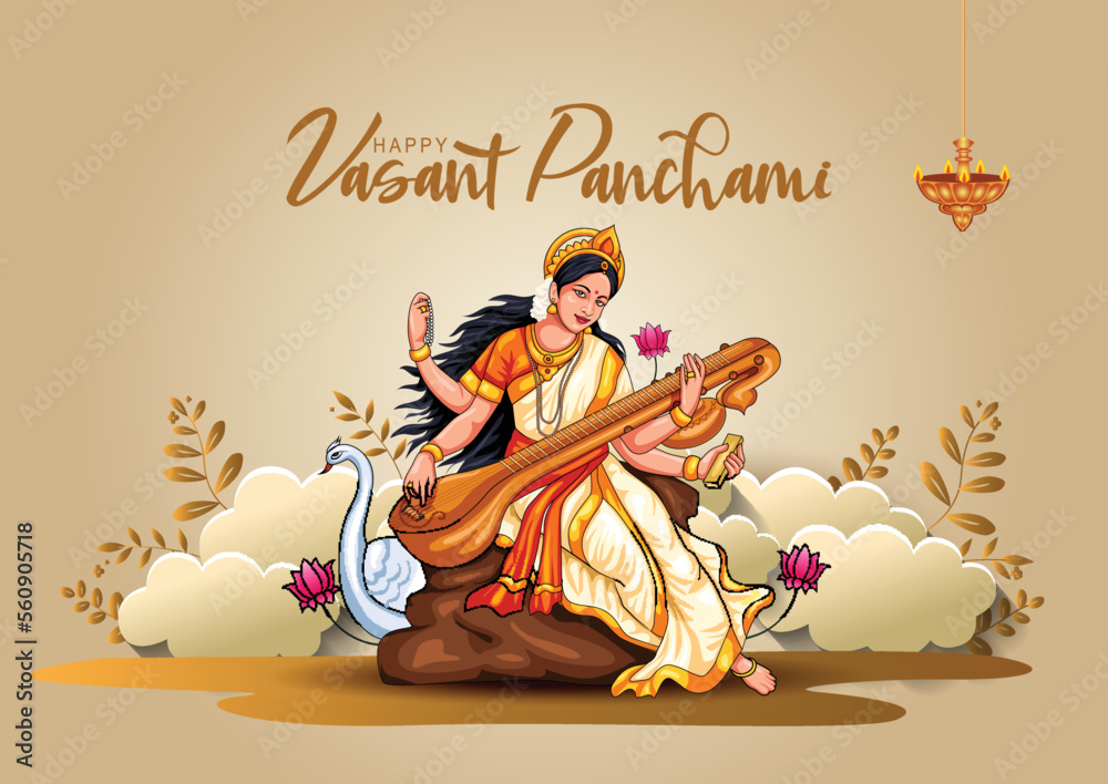 vasant panjamiSarasvati for happy Vasant Panchami Puja of India. poster, banner, flyer vector illustration design - obrazy, fototapety, plakaty 
