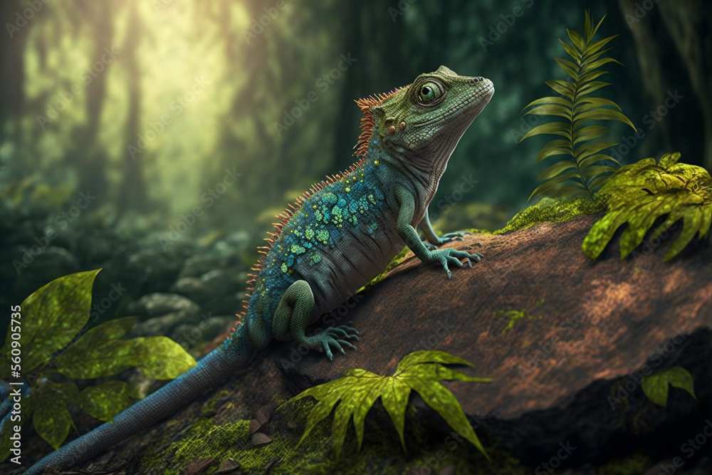 Fototapeta premium A lizard sitting on a rock in a forest, Generative AI