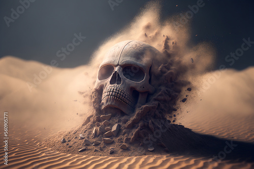 Fotografie, Obraz A skull in the dirt with dust coming out of it, Generative AI