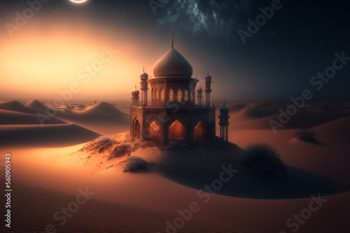 A night scene with a mosque in the middle of the desert, Generative AI