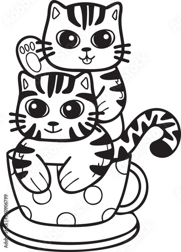 Fototapeta Naklejka Na Ścianę i Meble -  Hand Drawn striped cat or kitten with coffee mug illustration in doodle style