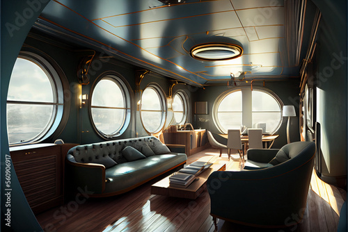 Interior shot of a big bedroom in the yacht
