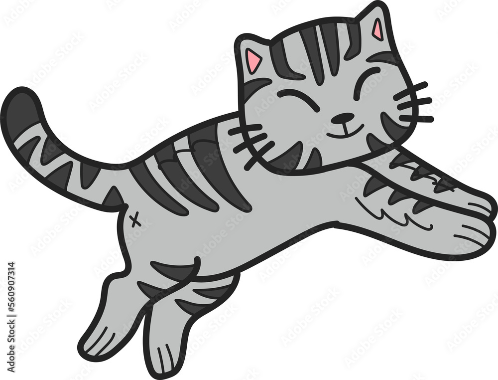 Fototapeta premium Hand Drawn jumping striped cat illustration in doodle style