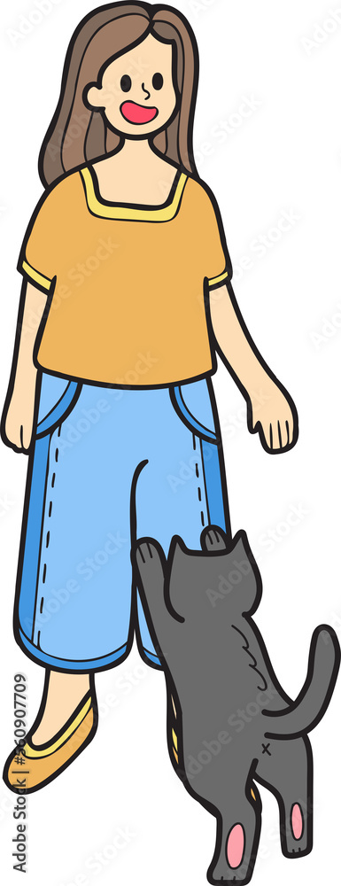 Hand Drawn cat begging owner illustration in doodle style Hand Drawn cat begging owner illustration in doodle style