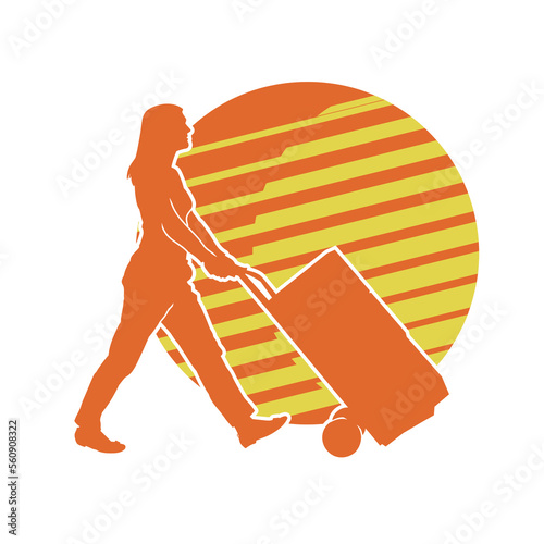 Illustration of a female porter carrying goods using a trolley. Isolated black silhouette.