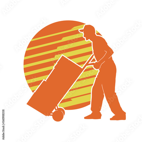 Illustration of a male porter carrying goods using a trolley. Isolated black silhouette.