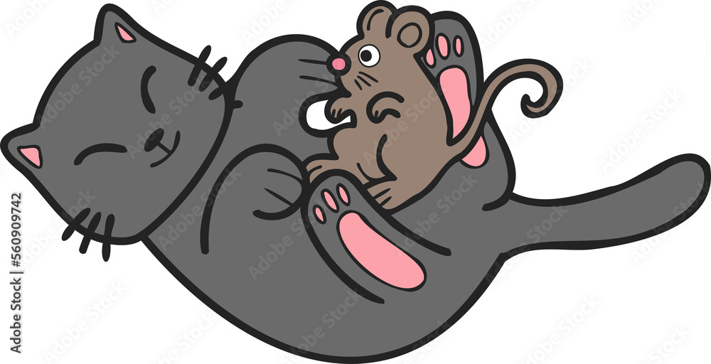 Fototapeta premium Hand Drawn cat and mouse illustration in doodle style