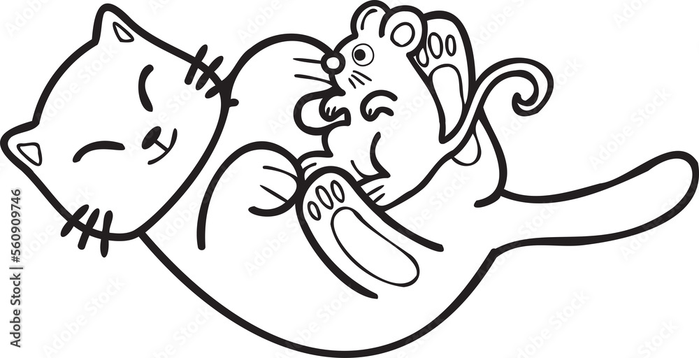 Hand Drawn cat and mouse illustration in doodle style Hand Drawn cat and mouse illustration in doodle style