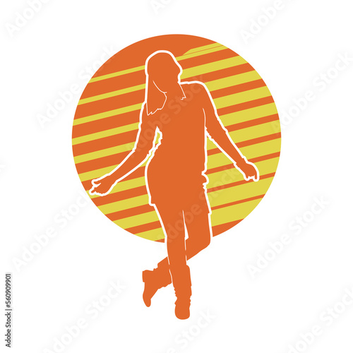 Happy girl free dancing vector silhouette on yellow background.