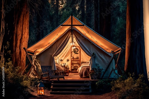 Rest place in forest, Lonely glamping tent with bonfire among green trees, Illuminated bell tent at night