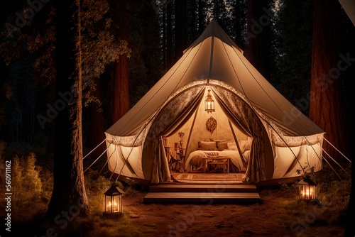 Rest place in forest, Lonely glamping tent with bonfire among green trees, Illuminated bell tent at night