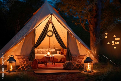 Rest place in forest, Lonely glamping tent with bonfire among green trees, Illuminated bell tent at night
