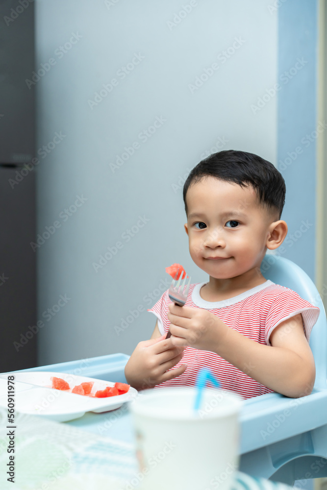 Happy toddler boy eating watermelon his high chair in dining room Happy toddler boy eating watermelon his high chair in dining room