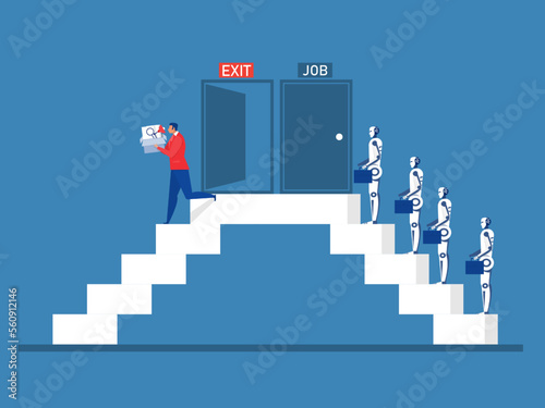 Robot vs. human employee worker . Artificial intelligence, man replacement, future jobless vector concept vector illustrator