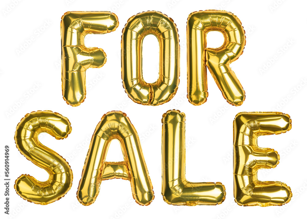 Word For Sale. Clearance or discount. Yellow Gold foil helium balloon. Balloons good for advertisement store, shop, shopping mall. English Alphabet Letters. Isolated white background. High resolution Word For Sale. Clearance or discount. Yellow Gold foil helium balloon. Balloons good for advertisement store, shop, shopping mall. English Alphabet Letters. Isolated white background. High resolution