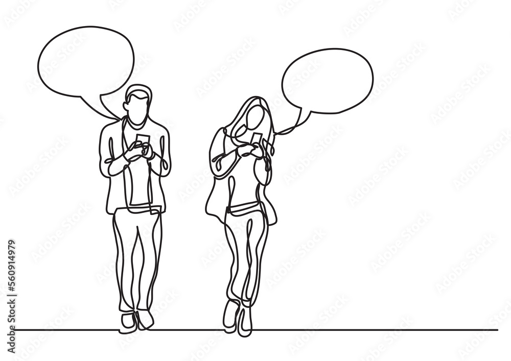 continuous line drawing man and woman standing with smart phones - PNG ...