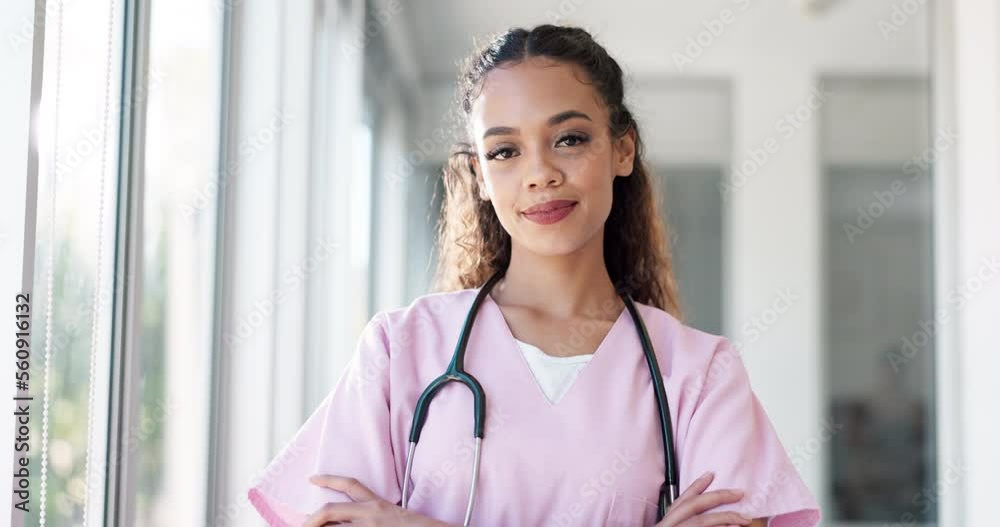 Face, doctor and black woman with smile, healthcare and wellness in hospital, arms crossed and confident. Portrait, African American female and medical professional in uniform, happy and leadership