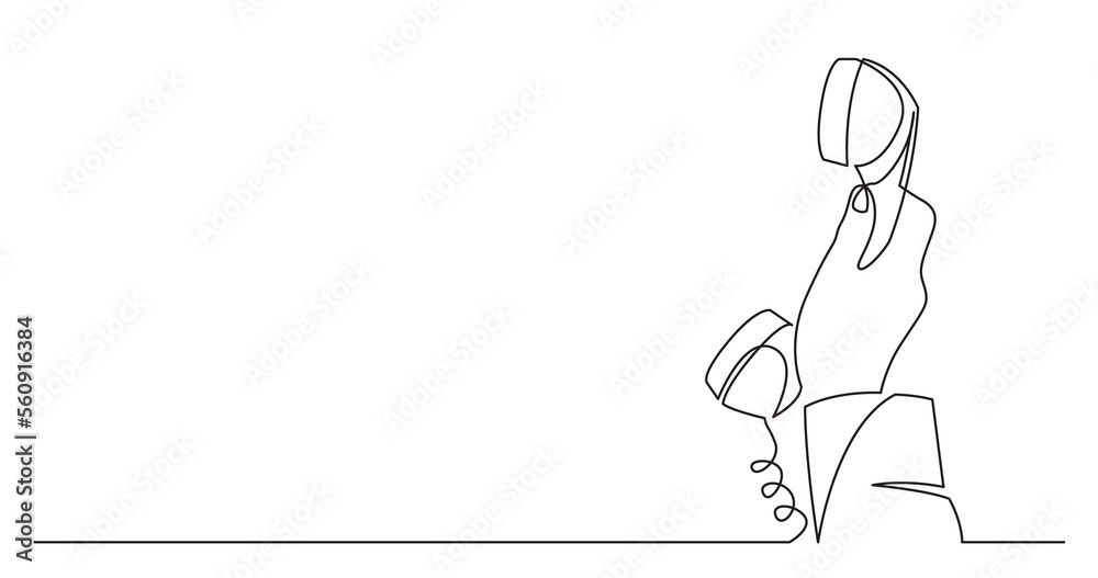 one line drawing of woman hand holding phone receiver answering phone call with copy space - PNG image with transparent background