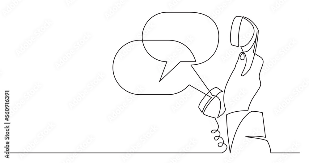 one line drawing of woman hand holding phone receiver with speech ...