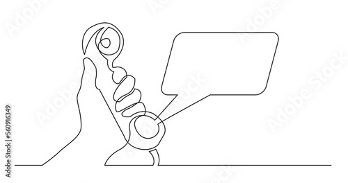 one line drawing of human man hand holding phone receiver with speech bubble with copy space - PNG image with transparent background