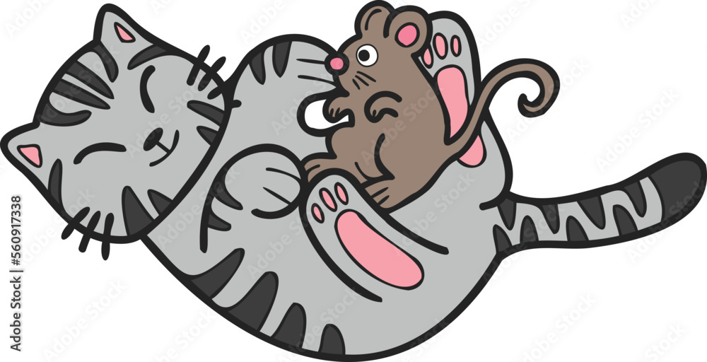 Hand Drawn striped cat and mouse illustration in doodle style Hand Drawn striped cat and mouse illustration in doodle style