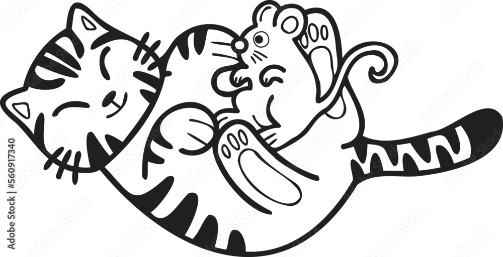 Hand Drawn striped cat and mouse illustration in doodle style Hand Drawn striped cat and mouse illustration in doodle style