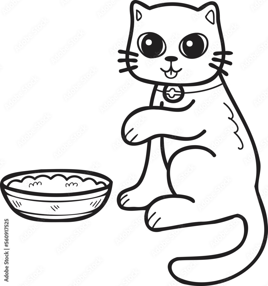 Hand Drawn cat eating food illustration in doodle style Hand Drawn cat eating food illustration in doodle style