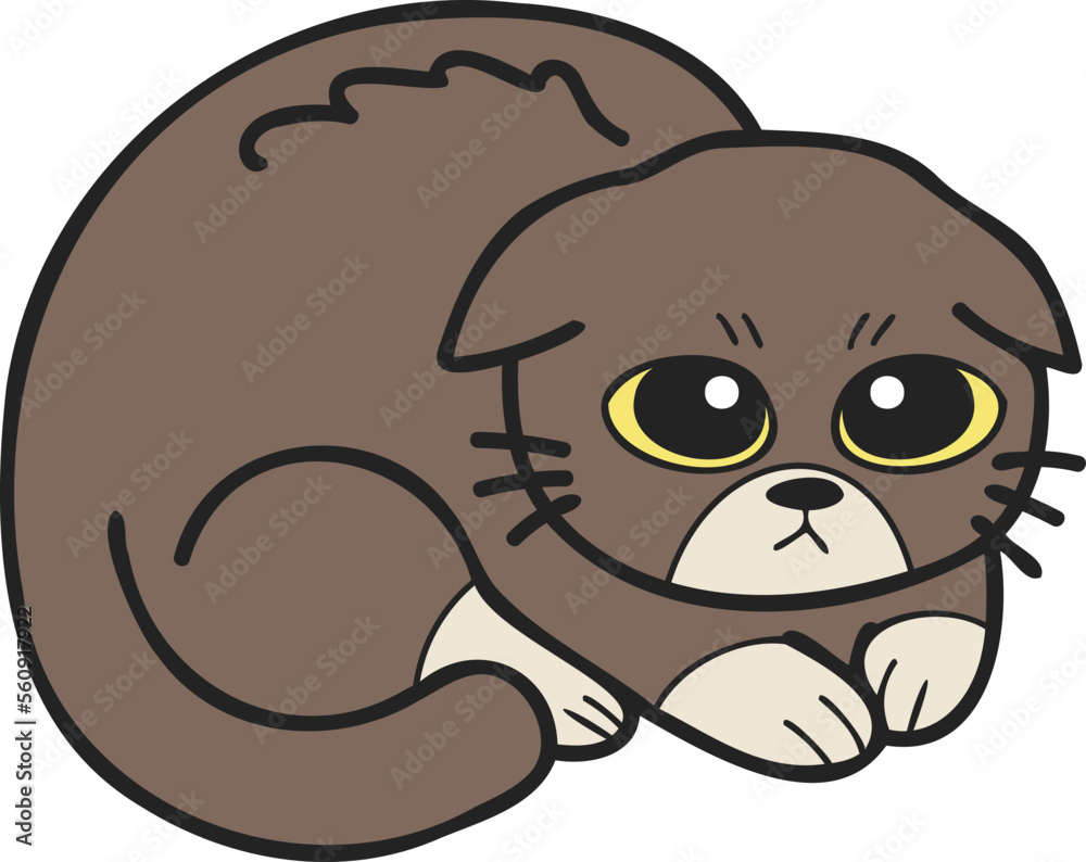 Hand Drawn scared or sad cat illustration in doodle style