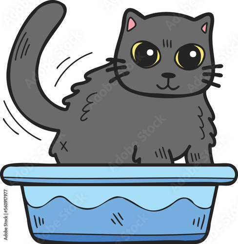 Hand Drawn cat with tray illustration in doodle style