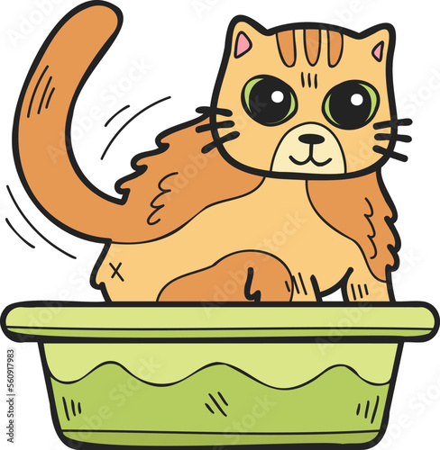 Hand Drawn striped cat with tray illustration in doodle style