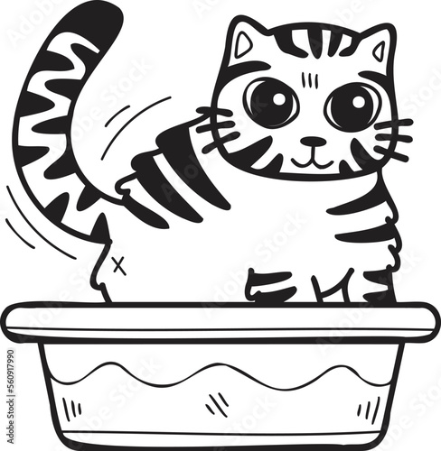 Hand Drawn striped cat with tray illustration in doodle style