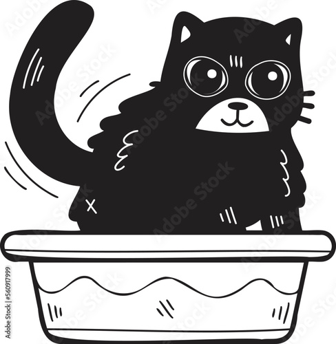 Hand Drawn cat with tray illustration in doodle style