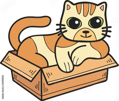 Hand Drawn striped cat in box illustration in doodle style
