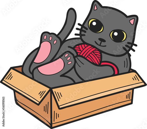 Hand Drawn cat playing with yarn in a box illustration in doodle style