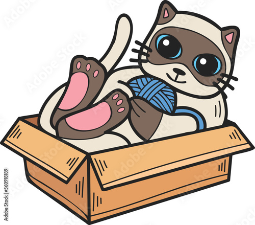 Hand Drawn striped cat playing with yarn in a box illustration in doodle style