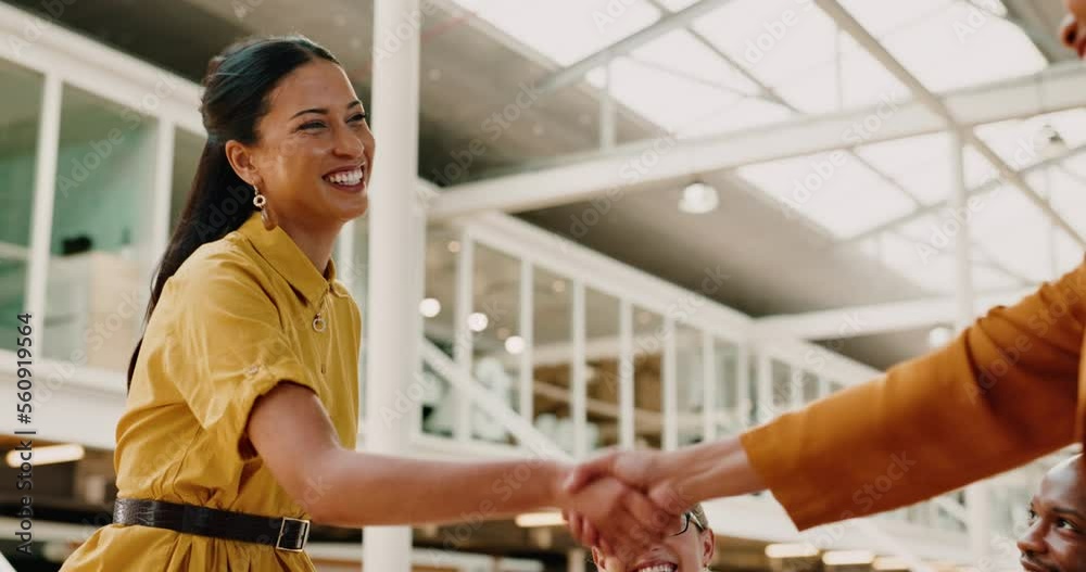 Handshake, women and business collaboration with management, teamwork and trust in office. Happy employees shaking hands for support, networking and b2b consulting, hiring deal or partnership success