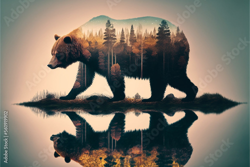 Double exposure of a wild brown bear and a pine forest