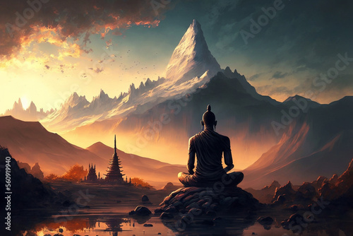 Meditating Buddha in beautiful landscape with high mountains, Generative AI © erika8213