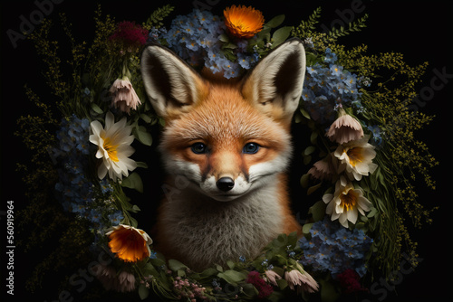 Portrait of a beautiful red fox with flower wreath.